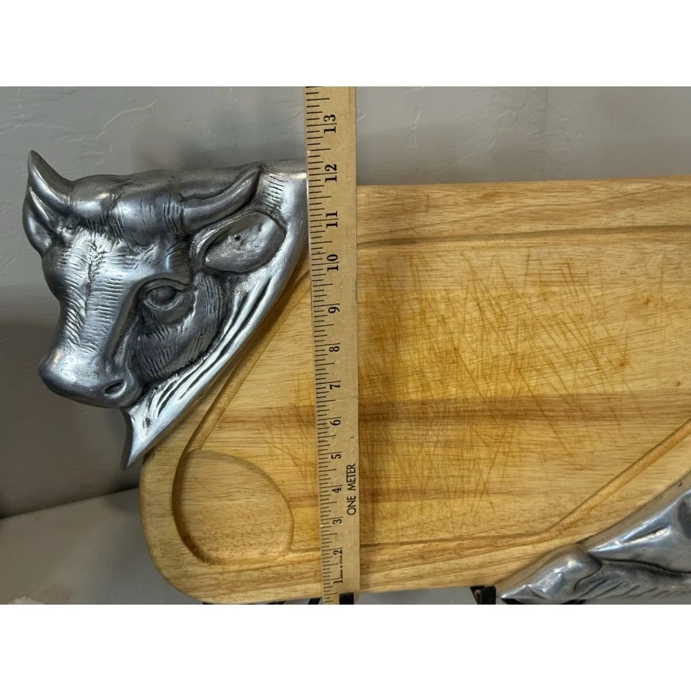VTG Cow Bull Wood Pewter Cutting Board  Steak Tray Farmhouse Kitchen Decor 19